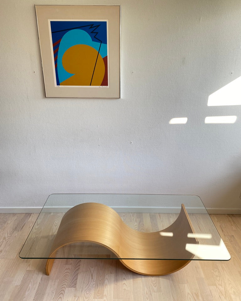 Wave Coffee Table in Beech and Glass by Hjellegjerde, Norway, 1990s