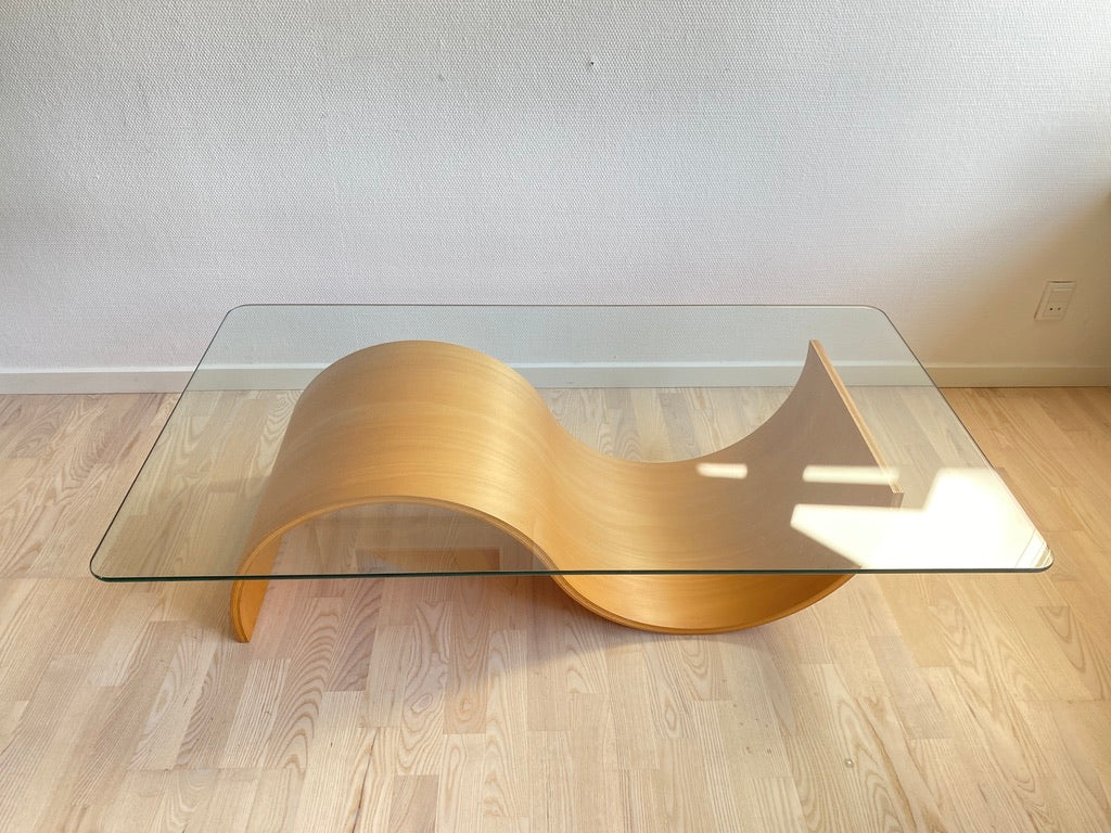 Wave Coffee Table in Beech and Glass by Hjellegjerde, Norway, 1990s