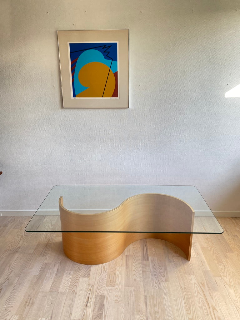 Wave Coffee Table in Beech and Glass by Hjellegjerde, Norway, 1990s