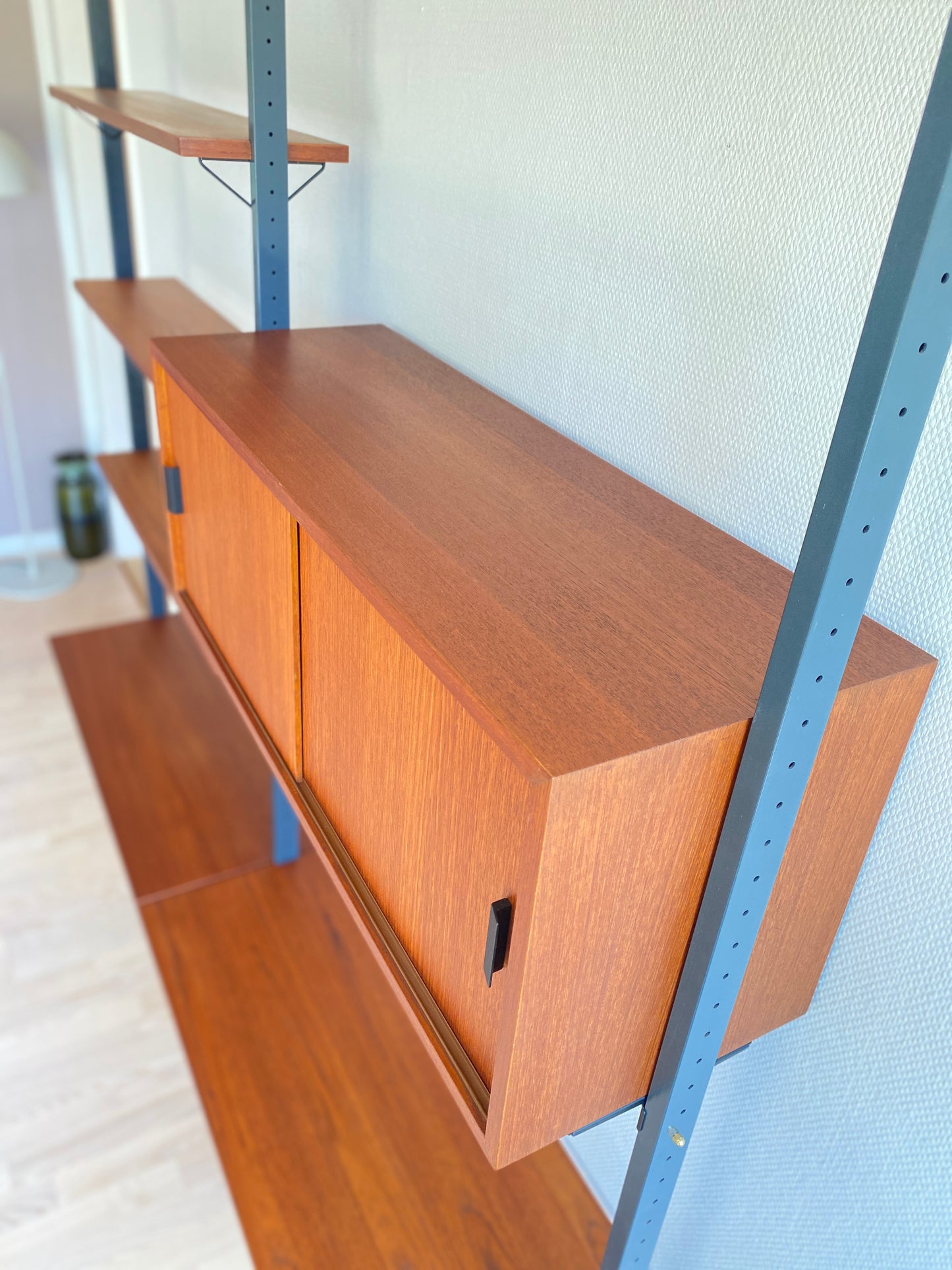Mid Century, modular teak wall shelf by Olof Pira for String, 1950s